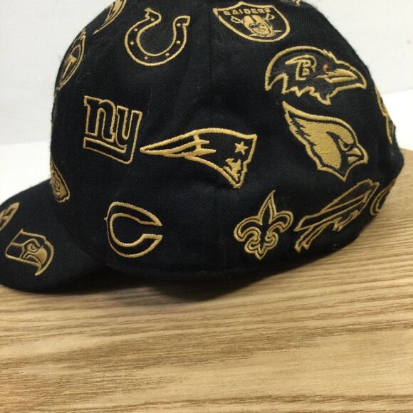 Reebok NFL All Over Team Logos Fitted Baseball Hat Black Gold Size 7 1/4 - Picture 7 of 16